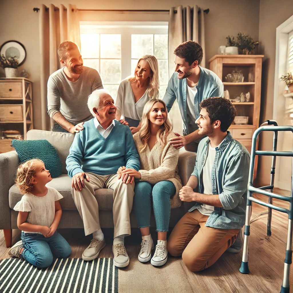 DALL·E 2024-09-30 22.16.10 – A family taking care of elderly parents in a warm and cozy home setting. The elderly parents are sitting comfortably in a well-lit living room, with t DALL·E 2024-09-30 22.16.10 - A family taking care of elderly parents in a warm and cozy home setting. The elderly parents are sitting comfortably in a well-lit living room, with t